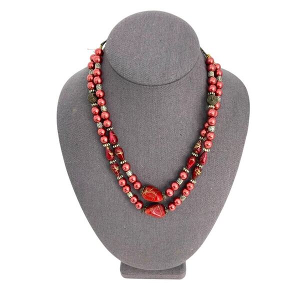 Vintage Red Stone Beaded Double Strand Necklace - Picture 1 of 5